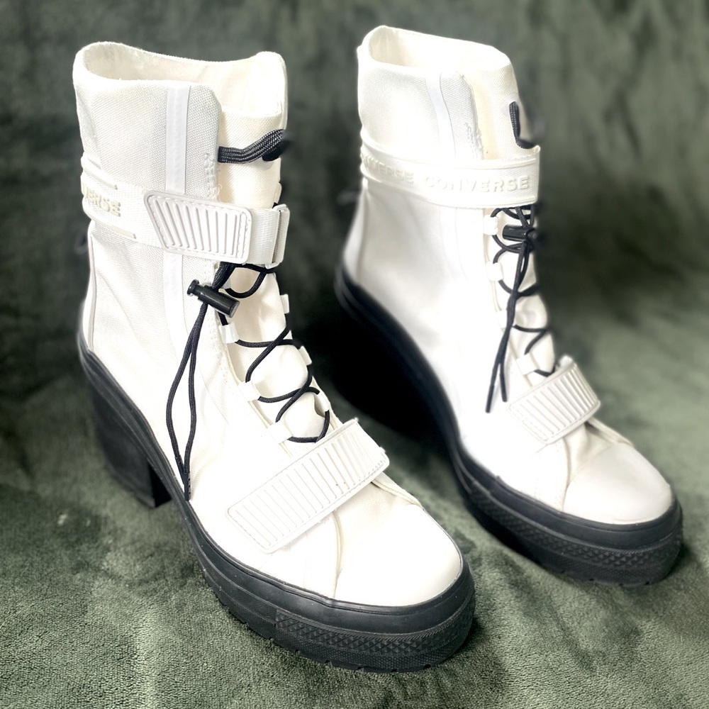 Black and white, heeled Converse boots